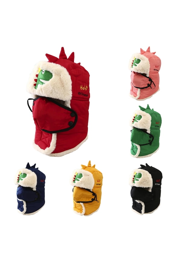 lnmuld Solid Kids Dinosaur Embroidered Fleece Lined Trapper Hat Integrated Neck Face Cover Windproof Winter Ski Hat for Boys Girls Red,3-11 Years