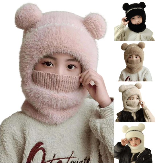 lnmuld Solid Kids Double Pom Pom Bear Ear Balaclava Hat Knit Face Cover Integrated Neck Warmer Winter Hat for Boys Girls Pink,One Size