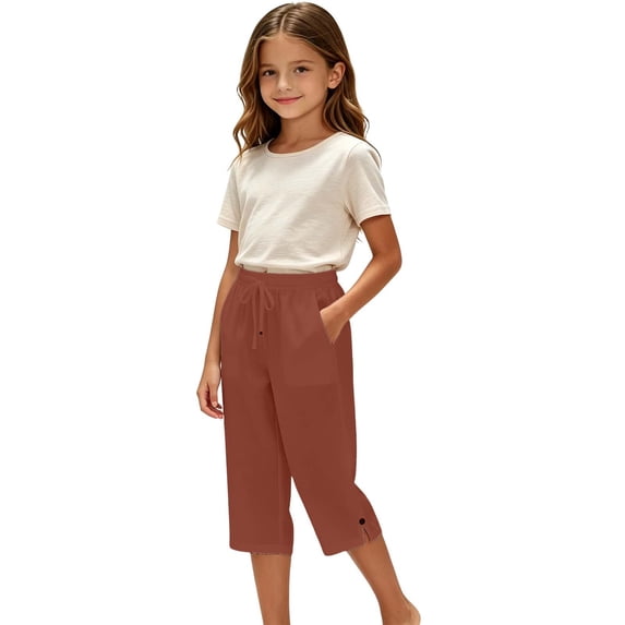 lnmuld Solid Kids Drawstring Capri Pants with Side Pockets and Slit Cuff Brick Red,7-8 Years