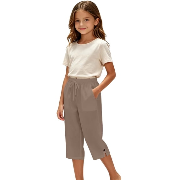 lnmuld Solid Kids Drawstring Capri Pants with Side Pockets and Slit Cuff Khaki,5-6 Years