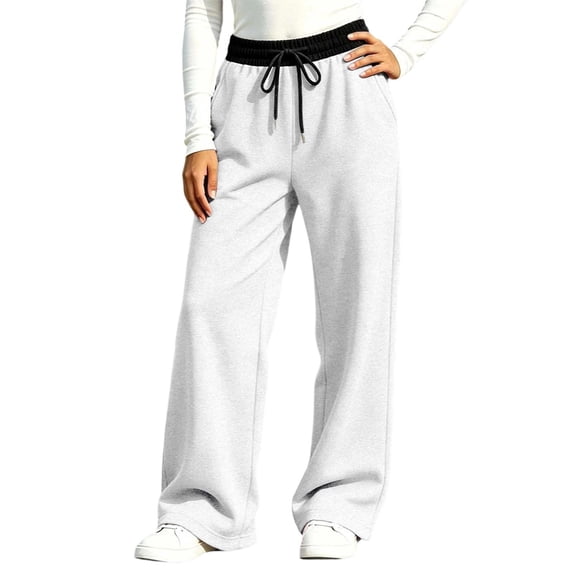 lnmuld Solid Kids Wide Leg Sweatpants with Contrast Waist Drawstring White,9-10 Years