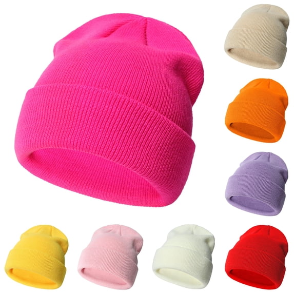 lnmuld Solid Toddler Solid Color Cuffed Rib Knit Winter Beanie Hat for Boys and Girls Hot Pink,3-24 Months