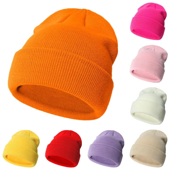 lnmuld Solid Toddler Solid Color Cuffed Rib Knit Winter Beanie Hat for Boys and Girls Orange,3-24 Months