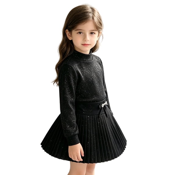 lnmuld Sparkle Pleated Mini Skirt with Rhinestone Bow Accent Elastic Waist Anti Exposure Lined Back to School Dressy Casual Bottom for Girls Black,4-5 Years