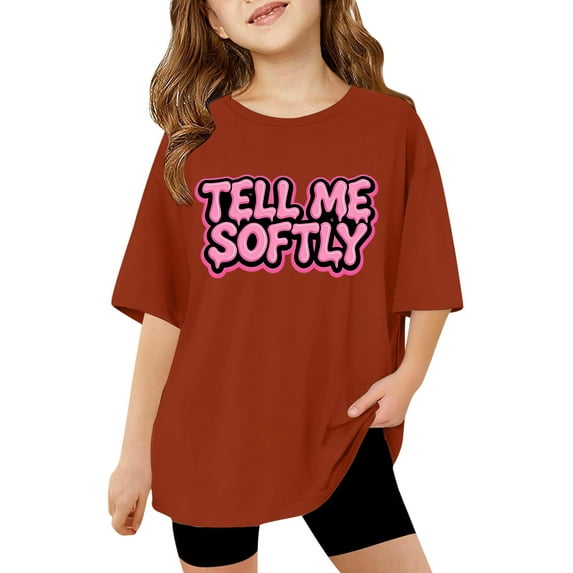 lnmuld Summer Tops Fashionable Graphic Letter Print Casual Tee for Girls Soft Comfortable Daily Wear Blended Shirt Size:13-14 Years
