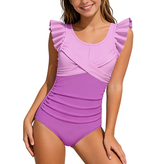 lnmuld Stylish One Piece Swimsuit with Ruffled Skirt and Unique Back Design Teen Bathing Suit for Juniors Color:Purple,Size:13-14 Years