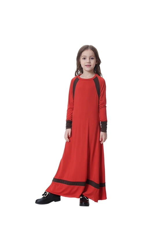 Teenage Girls Elegant Ethnic Long Sleeve Dress, Casual Daily Wear Color:Red,Size:6-7 Years