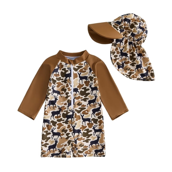 lnmuld Toddler Boys 2 Piece Long Sleeve Rash Guard Swim Set with Trunks and Matching Hat Size:3-4 Years