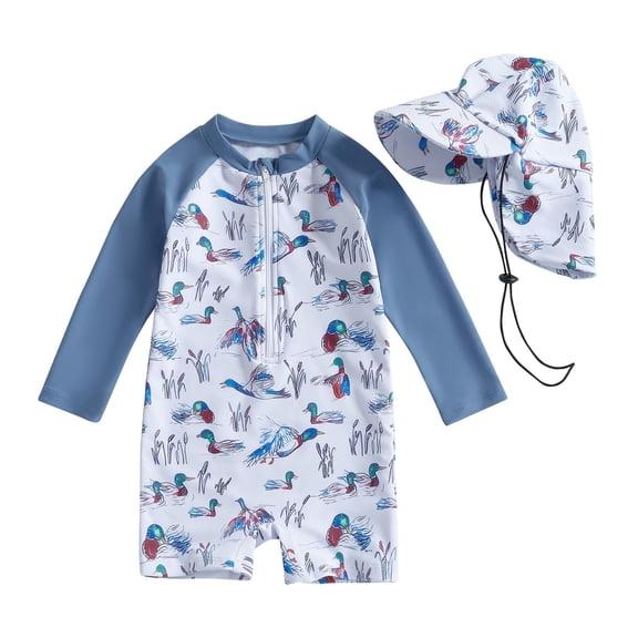 lnmuld Toddler Boys 2 Piece Rash Guard Swimsuit with Sun Hat Size:12-18 Months