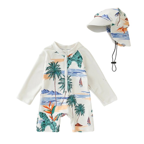 lnmuld Toddler Boys 2 Piece UPF Zipper Rash Guard Swim Set with Matching Hat Size:12-18 Months