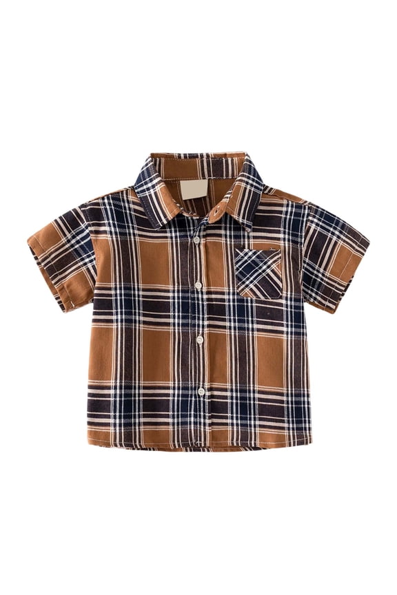 Toddler Boys Brown Navy Plaid Short Sleeve Button Down Shirt with Chest Pocket for Kids Size:2-3 Years