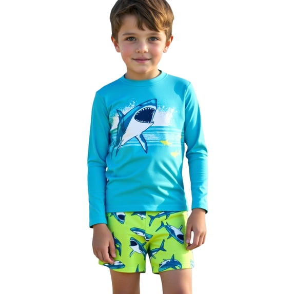 lnmuld Toddler Boys Long Sleeve 2-Piece UPF 50+ Rash Guard Set Cartoon Print Sun Protective Color:Blue,Size:6-7 Years