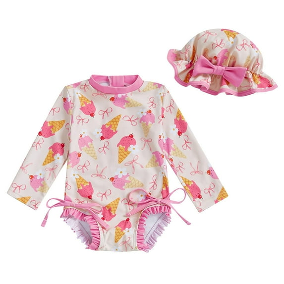 lnmuld Toddler Girl Swimsuit Set with Hat Cartoon Print Summer Swimwear for Kids Adorable Beach Outfit Size:2-3 Years