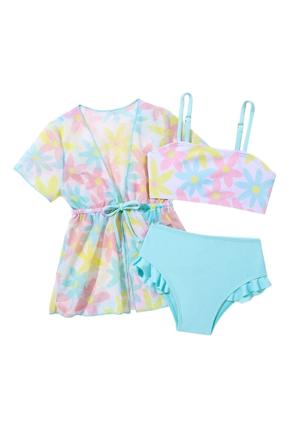 Toddler Girls 3 Piece Floral Bikini Swimsuit Set with Cover Up Summer Beach Pool Size:12-18 Months