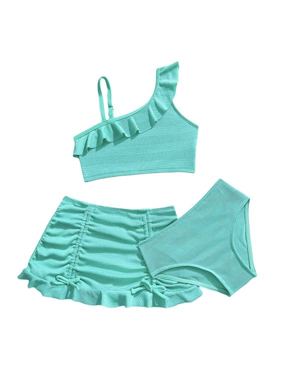 Toddler Girls Mint Green Striped Solid 3 Piece Bikini Swimwear Set Summer Beach Pool Size:7-8 Years