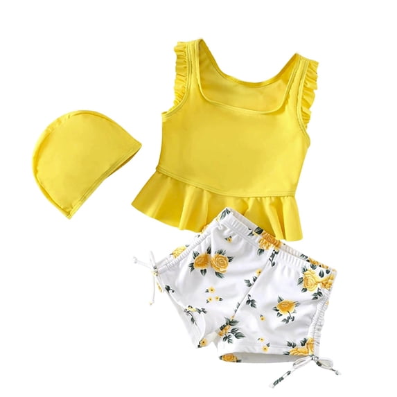 lnmuld Girls Two Piece Tankini Swim Set with Ruffle Trim Top and Comfortable Swim Shorts for Toddler Kids Beach Swimming Color:Yellow,Size:3-4 Years