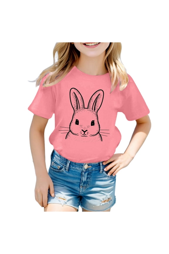 Toddler Girls Easter Bunny Rabbit Print Short Sleeve Round Neck Graphic Tee Spring Holiday Shirt Size:6-7 Years