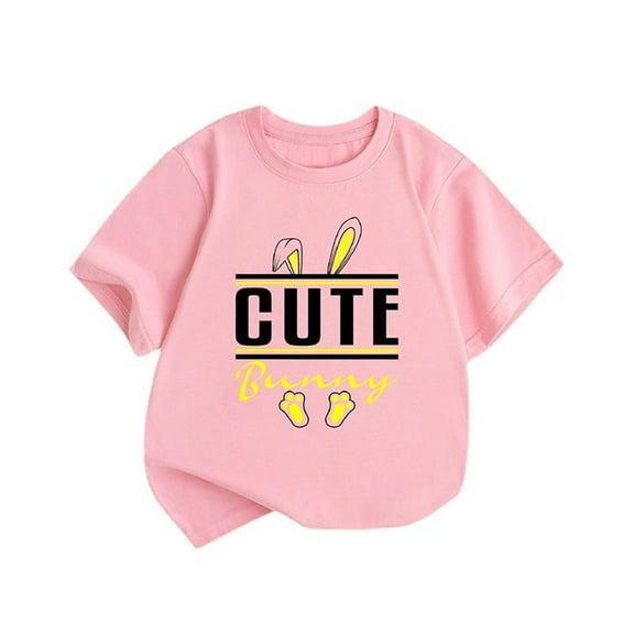 lnmuld Tops for Teens European Style Summer Girls Short Sleeve Tee with Adorable Easter Bunny Print Round Neck Children's Top Size:0-2 Years