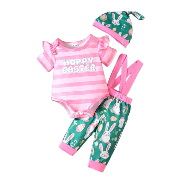 lnmuld Two Piece Easter Bunny Cartoon Print Girls Romper Bodysuit with Detachable Suspenders and Shorts Outfit Set Size:12-18 Months