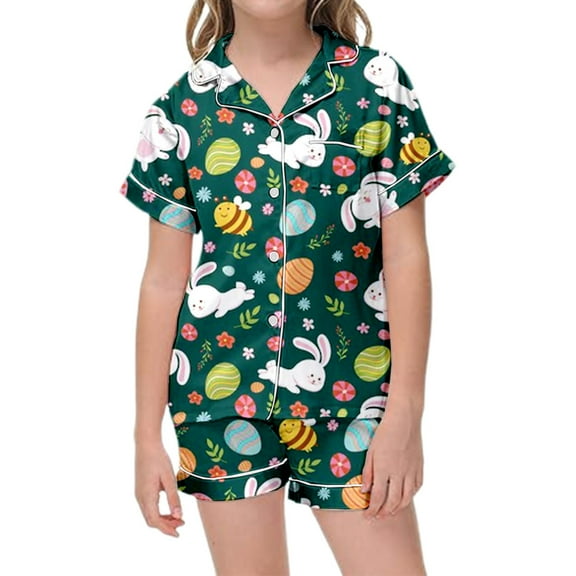 lnmuld Two-Piece Easter Bunny Floral Print Girls Pajama Set Short Sleeve Button Down Top with Shorts Sleepwear Outfit Size:10-11 Years