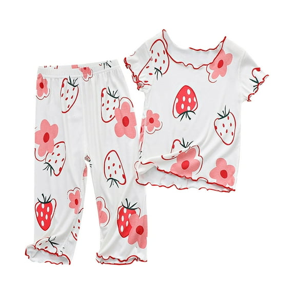 lnmuld Two Piece Girls Outfits Summer Pajama Set Soft Thin Strawberry Print Short Sleeve Homewear Comfortable Air Conditioning Sleepwear Size:3-4 Years