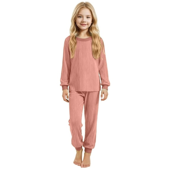 lnmuld Two Piece Outfits Girls Knitted Pajama Set Soft Sleepwear for Cozy Nighttime Comfort Breathable All Season Kids Loungewear Solid Color Size:2-3 Years