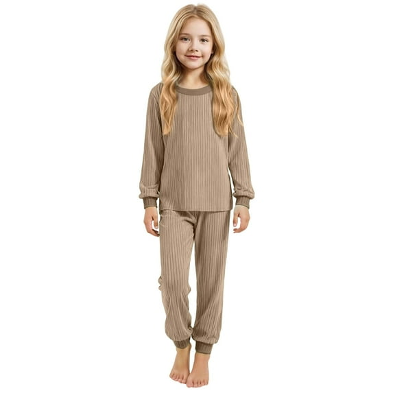 lnmuld Two Piece Outfits Girls Knitted Pajama Set Soft Sleepwear for Cozy Nighttime Comfort Breathable All Season Kids Loungewear Solid Color Size:2-3 Years