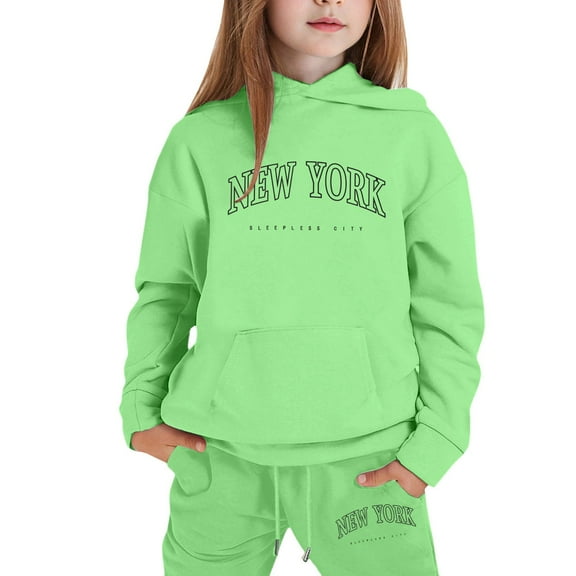 lnmuld Two Piece Outfits Girls Letter Print Hooded Sweatshirt Outfit Set Stylish Everyday Wear Comfortable Casual Kids Apparel Solid Color Size:11-12 Years