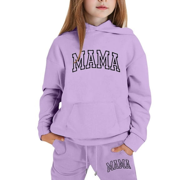 lnmuld Two Piece Outfits Girls Letter Print Hooded Sweatshirt Outfit Set Stylish Everyday Wear Comfortable Casual Kids Clothes for Daily Activities Solid Color Size:9-10 Years