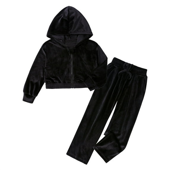 lnmuld Two Piece Outfits Girls Velvet Hooded Tracksuit Warm Jogger Outfit Soft Casual Wear with Pants for Daily Outings Solid Color Size:7-8 Years