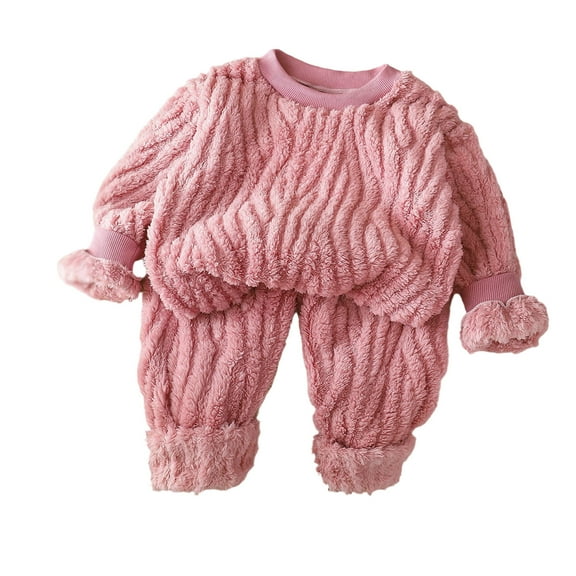 lnmuld Two Piece Outfits Girls Winter Flannel Pajama Set Cozy Loungewear Soft Thermal Sleepwear Thick Warm Fabric Cold Weather Indoor Comfort Outfit Solid Color Size:9-12 Months