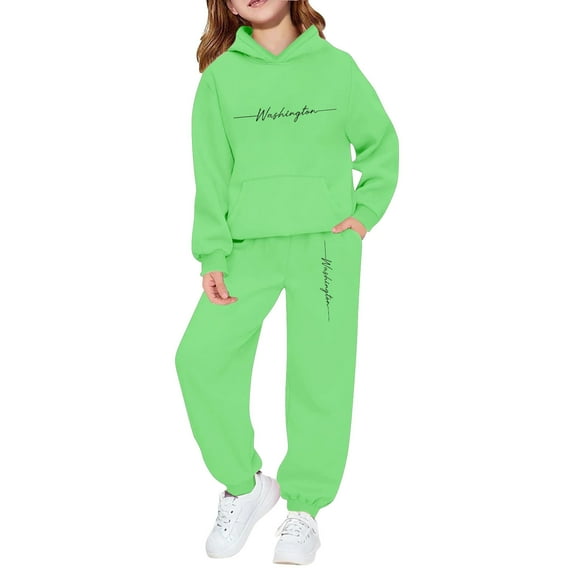 lnmuld Two Piece Outfits Girls Winter Tracksuit Set Cozy Pullover Hoodie and Jogger Pants Cute Printed Casual Outfit for Kids Solid Color Size:12-13 Years