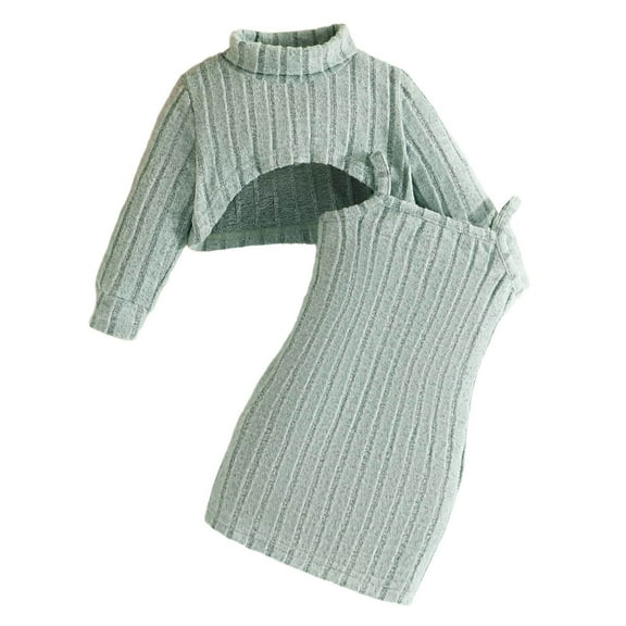 lnmuld Two Piece Outfits Toddler Girl Winter Knit Sweater Dress Set with Suspenders Casual Baby Outfit Playwear and Daily Fashion Solid Color Size:6-9 Months