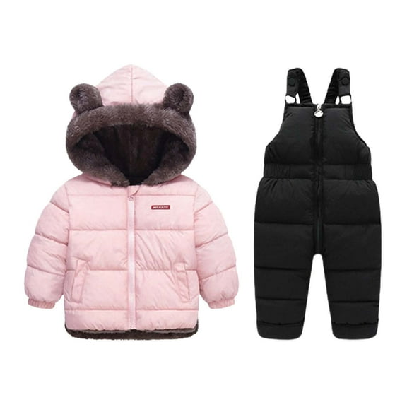 lnmuld Two Piece Outfits Winter Thermal Snowsuit for Toddler Girls Insulated Padded Overalls with Jacket Warm Cozy Outfit for Baby Cold Weather Play Solid Color Size:18-24 Months