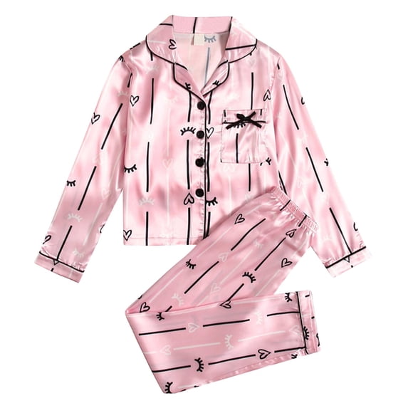 lnmuld Two Piece Satin Pajama Set for Girls Outfits Comfortable Nightwear Outfit with Classic Button Front Design Size:10 Years