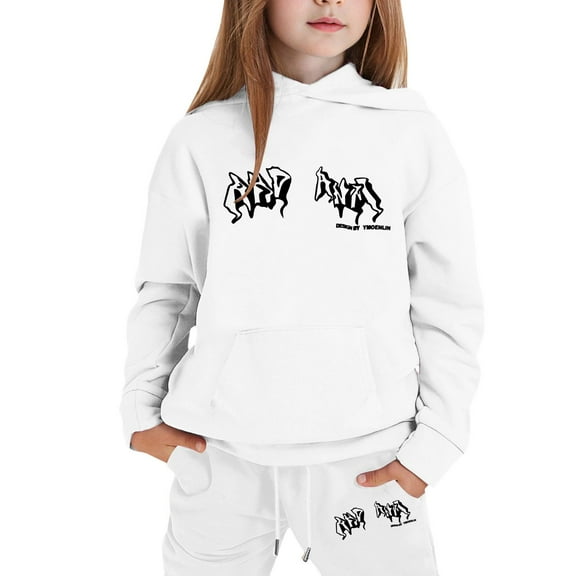 lnmuld Two Piece Solid Color Girls Letter Print Hooded Sweatshirt Outfit Set Stylish Everyday Wear Comfortable Casual Kids Apparel Size:11-12 Years