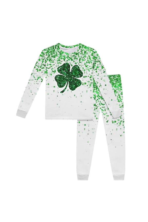 Two Piece St Patrick's Day Girls Long Sleeve Printed Outfit Set Festive Holiday Full Print Suit for Children Size:6-7 Years