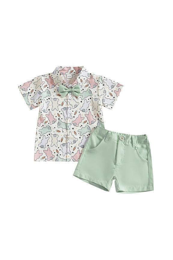 Two Piece Toddler Boy Easter Outfit Set Cute Bunny Lapel Button Down Shirt Top and Matching Shorts with Pockets for Baby Size:18-24 Months