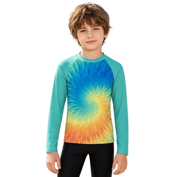 lnmuld Unisex Kids Raglan Long Sleeve Sun Protection Top Tie Dye Gradient UV Rash Guard Swim Shirt for Boys Girls Mint Green,7-8 Years