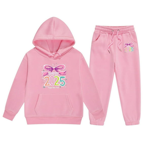 lnmuld Winter Outfits 2 Piece 2025 Year Print Girls Long Sleeve Letter Graphic Hooded Sweater and Pants Outfit Set for Big Kids Solid Color Size:6-7 Years