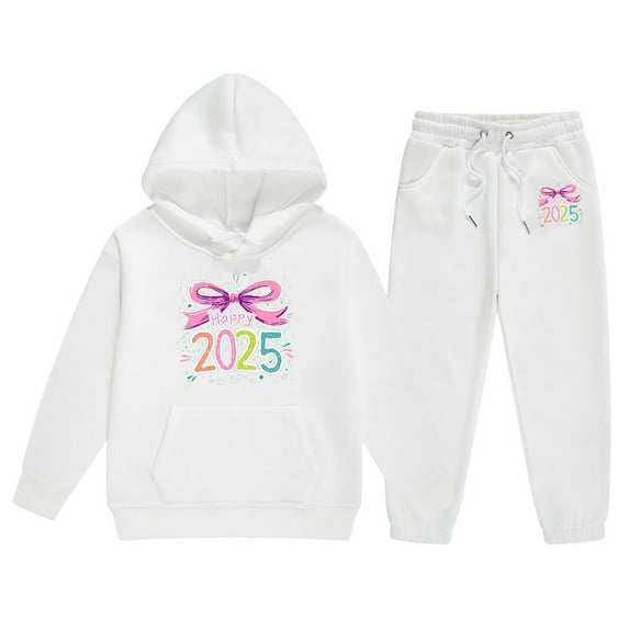 lnmuld Winter Outfits 2 Piece 2025 Year Print Girls Long Sleeve Letter Graphic Hooded Sweater and Pants Outfit Set for Big Kids Solid Color Size:8-9 Years