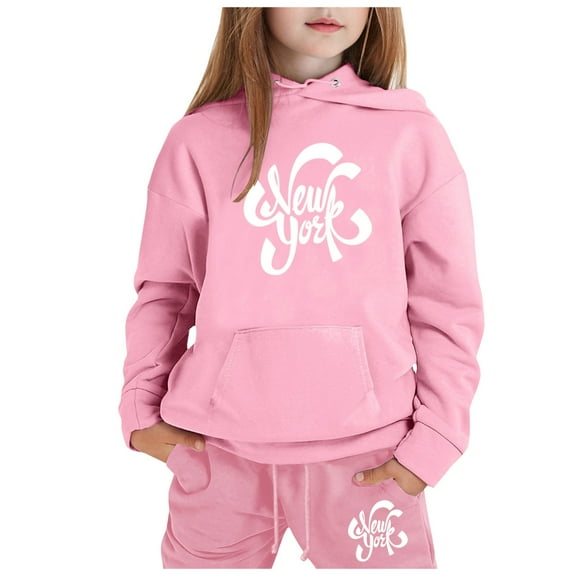 lnmuld Winter Outfits 2 Piece Children CuHK Long Sleeve City Place Name Hoodie and Pants Outfit Set for Girls Solid Color Size:8-9 Years
