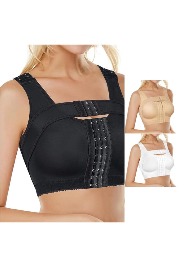 lnmuld Women Front Multi-Row Hook Posture Corrector Bra Square Neck Wide Strap Solid Breast Lift Shaping Support Bra M,Black