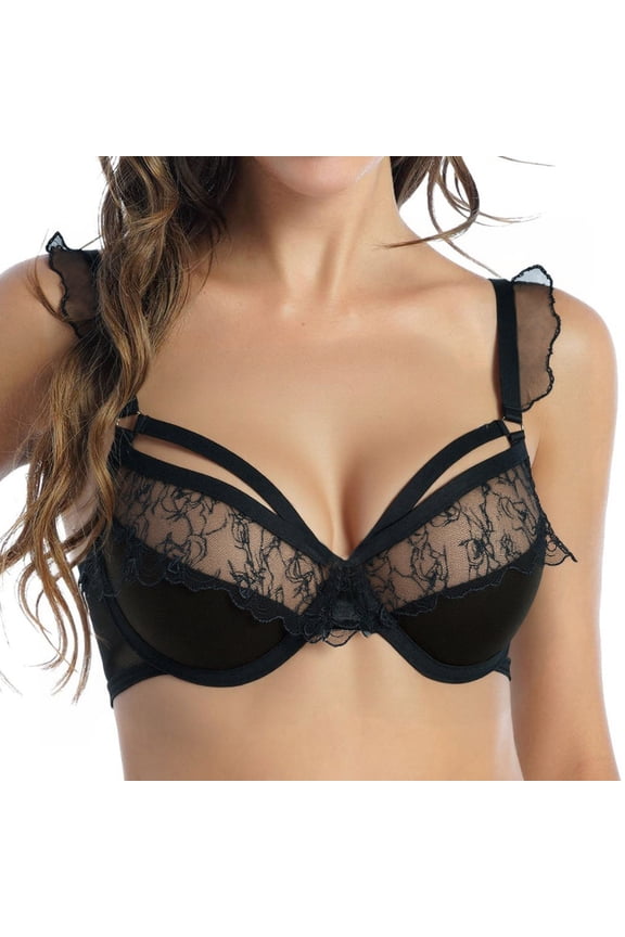 lnmuld Women Underwire Cutout Floral Lace Bra Ruffle Mesh Adjustable Strap Solid Everyday Intimates XL,Black