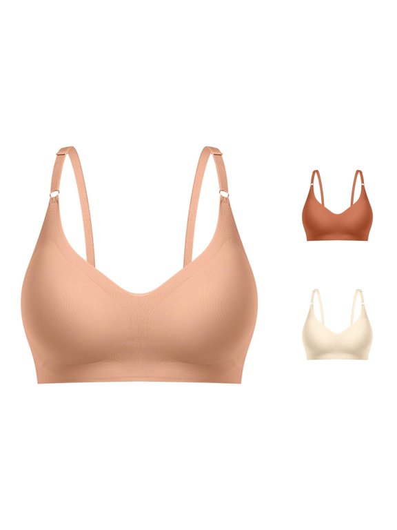 lnmuld Women Wireless Seamless V Cami Bra Thin Adjustable Strap Solid Removable Pad Laser Cut Invisible Everyday Comfort Bra S,Khaki