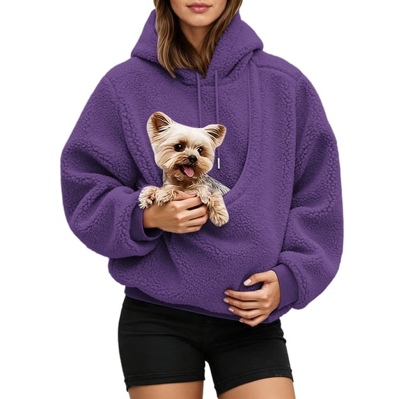 lnmuld Women's Cat Dog Pouch Hoodie Oversized Sherpa Teddy Plush Pet Carrier Pullover Sweatshirt with Kangaroo Pocket Drawstring Long Sleeve Size:L