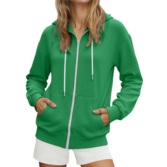 lnmuld Womens Zip Up Hoodies Women's Fashionable Casual Pocket Zipper Long Sleeved Hooded Solid Color Sweatshirt Size:2XL