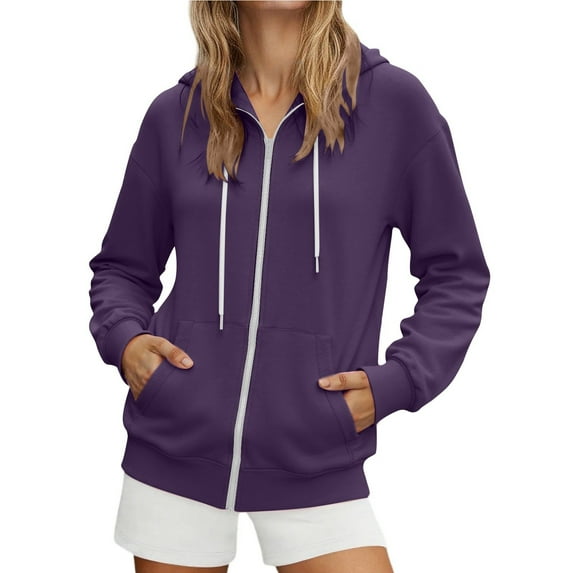 lnmuld Womens Zip Up Hoodies Women's Fashionable Casual Pocket Zipper Long Sleeved Hooded Solid Color Sweatshirt Size:S