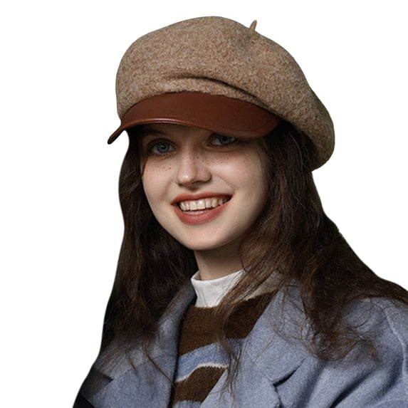 lnmuld Wool Newsboy Cap Faux Leather Brim Baker Boy Hat for Women Size:One Size