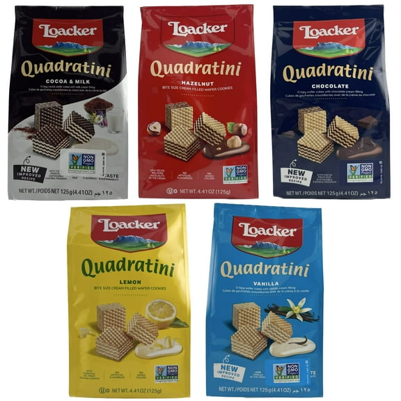 Loacker Quadratini Wafer Cookies Variety 5 Pack- Vanilla Wafers Cookies, Chocolate Wafers, Cocoa and Milk Wafers, Hazelnut Wafers, and Lemon Wafers by Inspired Candy